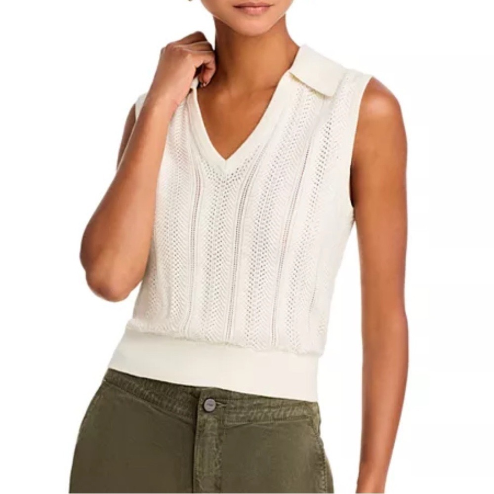 PAIGE‎ Rossana V Neck Collared Vest Ivory Pointelle Sweater Tank XL NEW